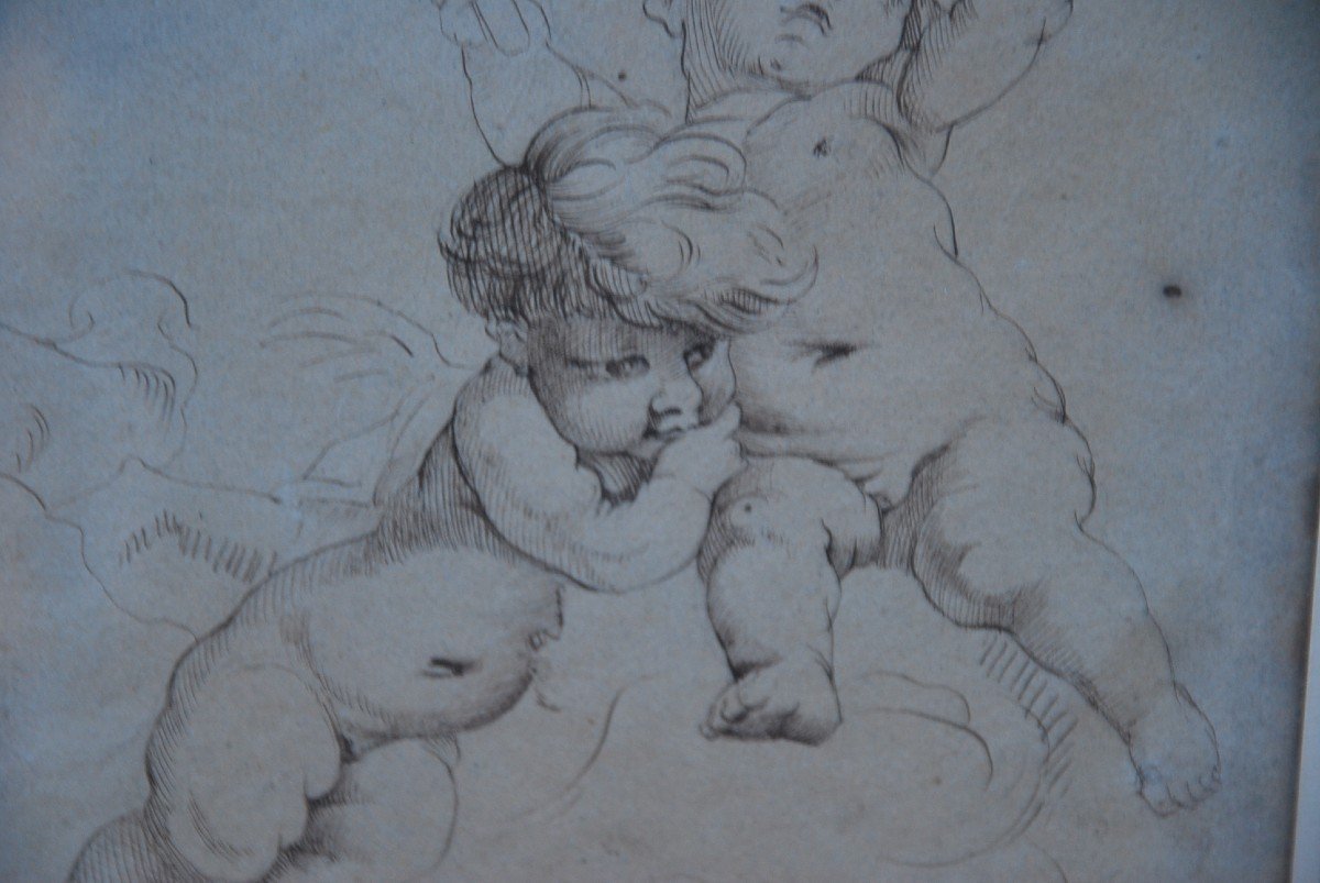 Dessin à La Plume Deux Putti , école XVIII d  après Boucher-photo-4