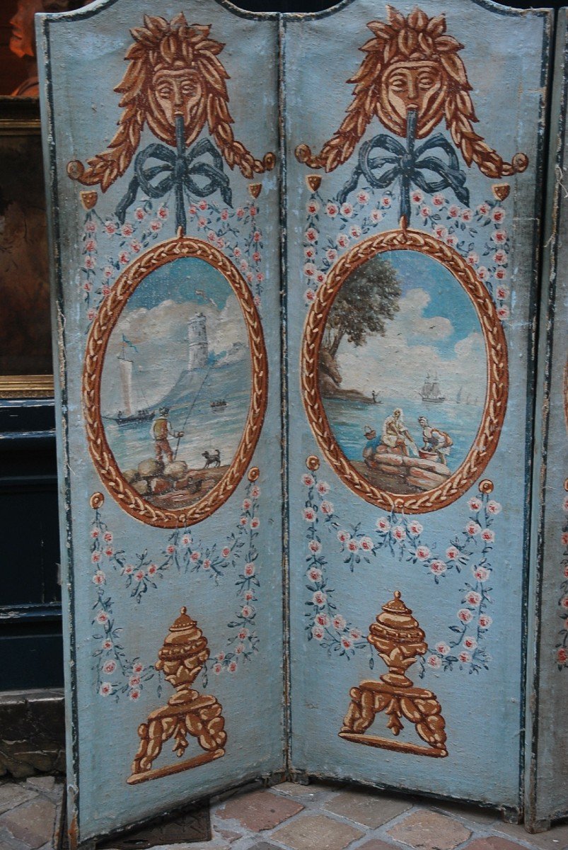 Charmant Paravent En Toile Peinte , Provence , XVIII -photo-2