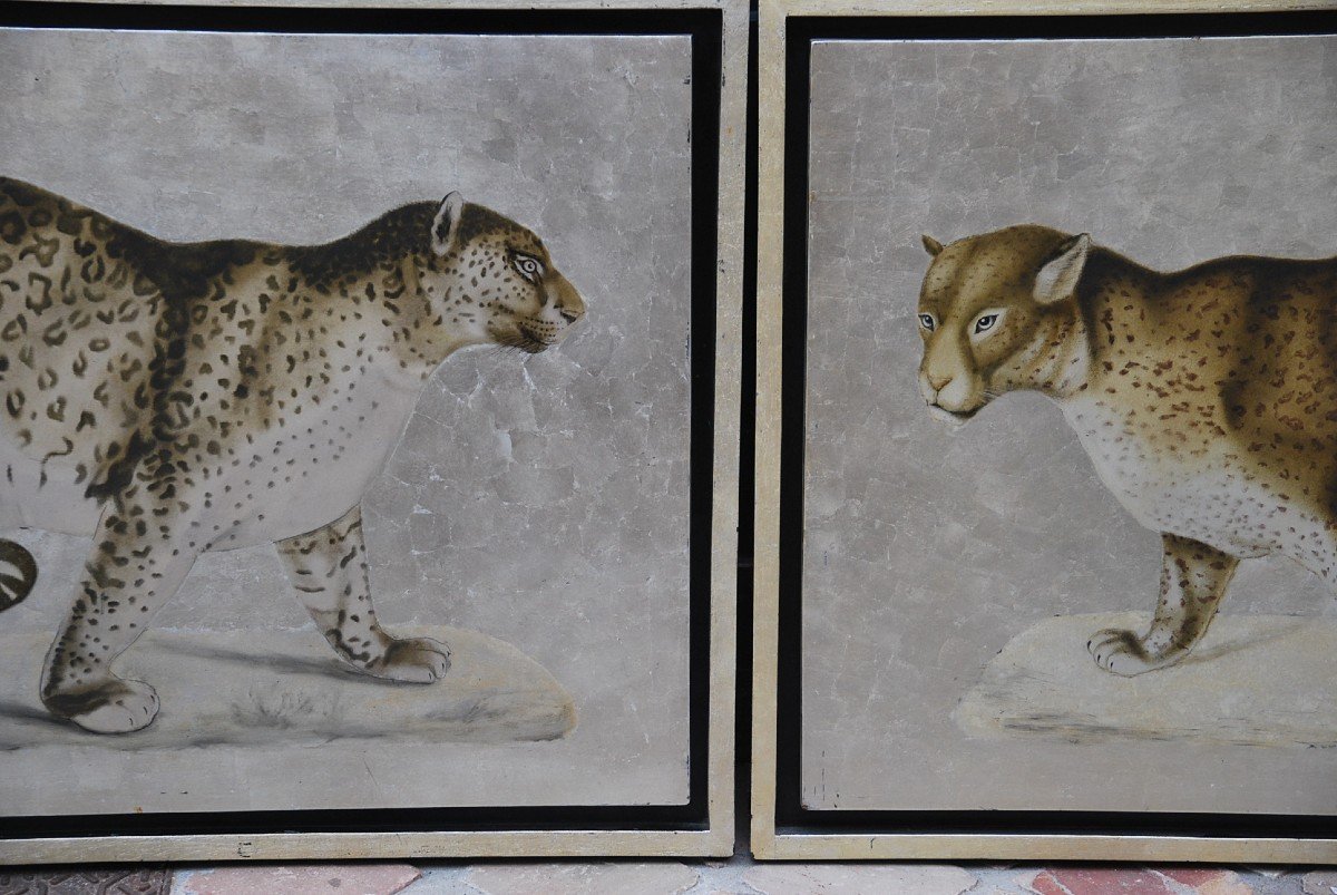 Lacquer Panels With Gold Background, Pair Of Panthers XX-photo-3
