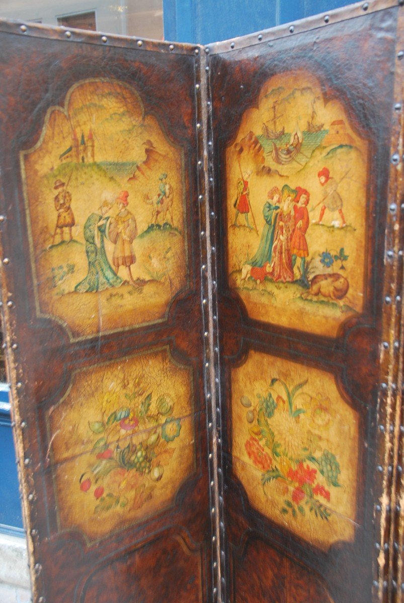 Screen With 4 Painted Leaves In Cordoba Leather-photo-2