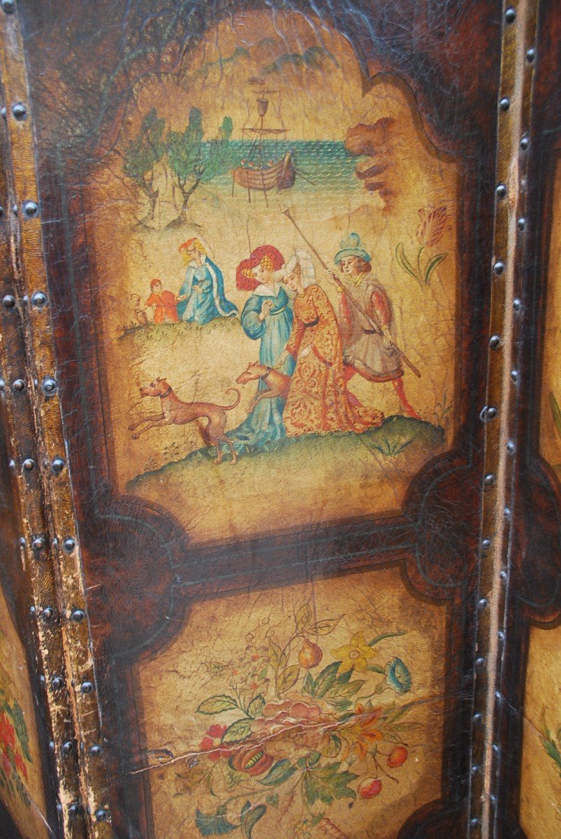 Screen With 4 Painted Leaves In Cordoba Leather-photo-2