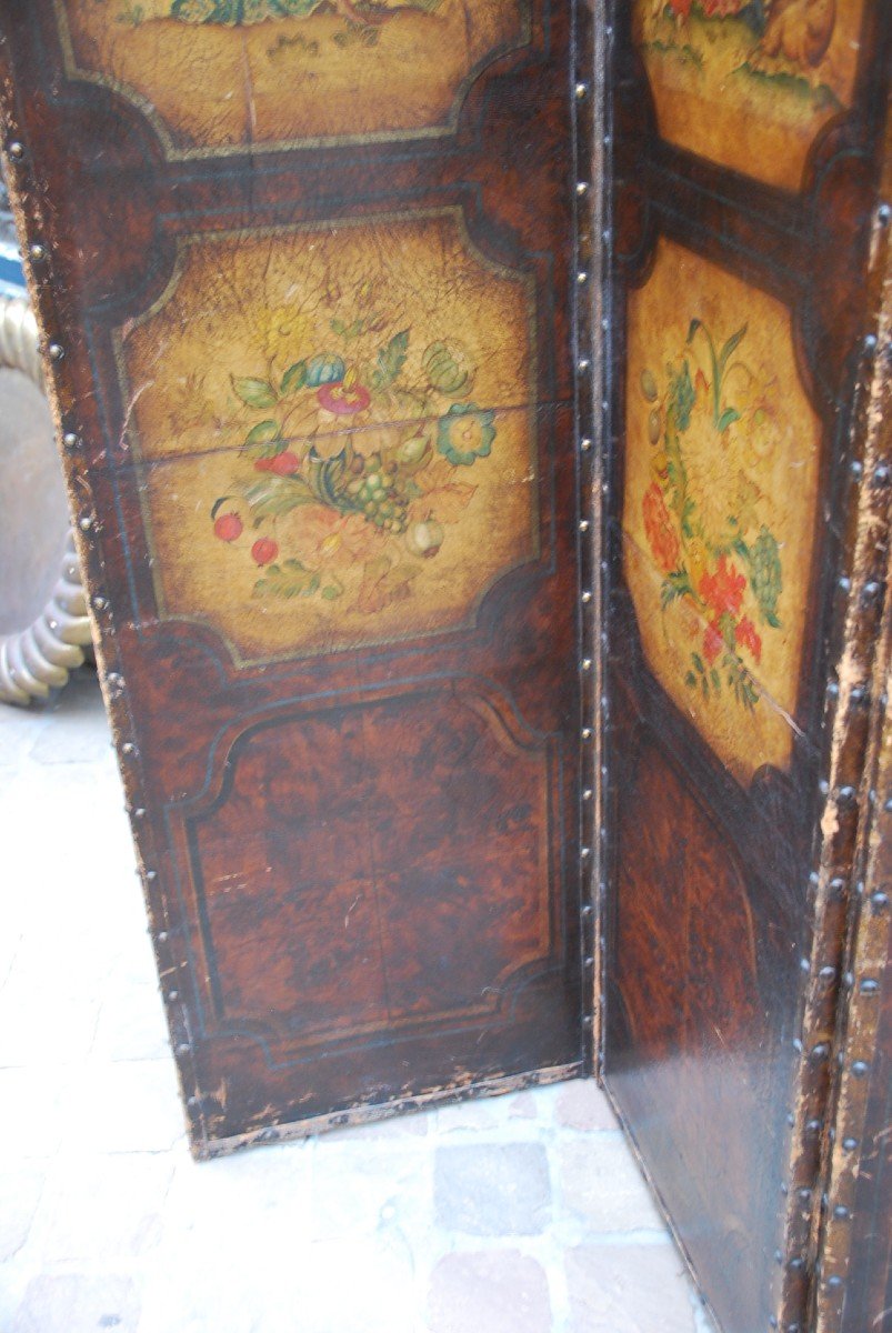 Screen With 4 Painted Leaves In Cordoba Leather-photo-3