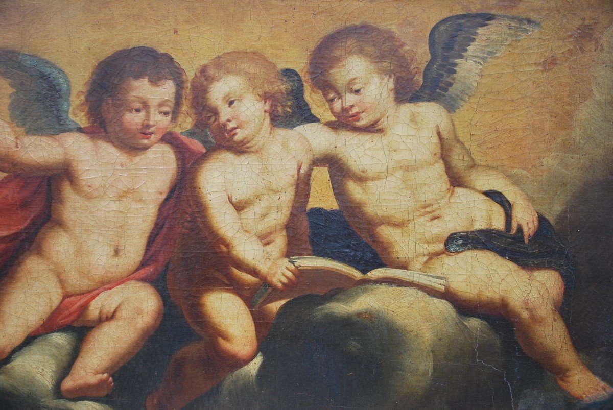 Huile Sur Toile Trois Putti , Italie XVIII