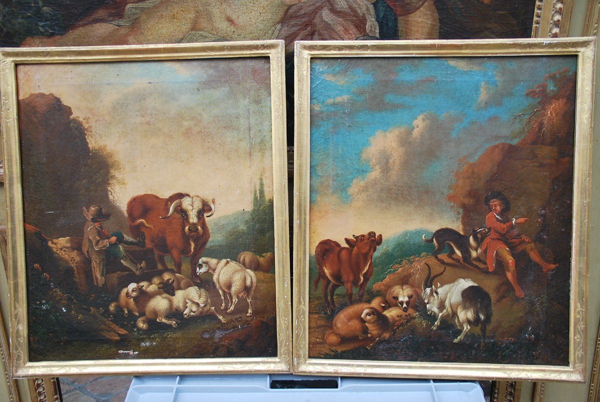 Pair Of Shepherd Canvases, Italy Circa 1750-photo-5