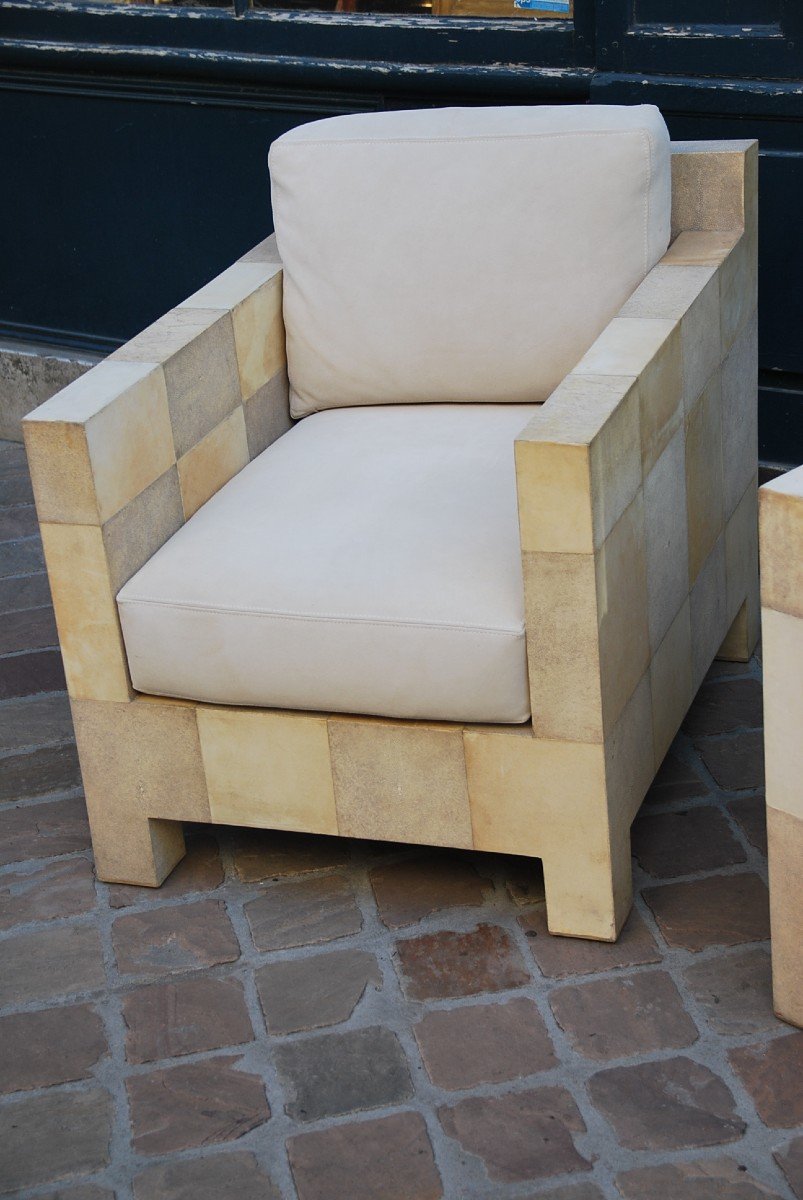 Rare Pair Of Shagreen And Parchment Armchairs D After Jean Michel Frank-photo-4