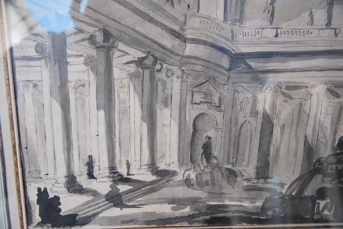 Architecture Drawing Of Palace And Fountain XVIII Italy Follower Of Piranesi-photo-5
