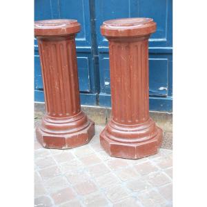 Paire De Colonnes Cannelées Façon Marbre Rouge Royal XIX