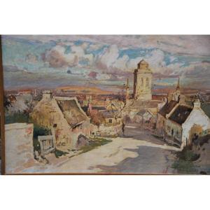 Locronan, Brittany, Large Oil On Canvas Signed De Villon