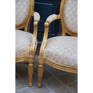 Pair Of Golden Wood Armchairs Stamped By Bernard, Louis XVI Period