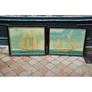 Two Paintings On Glass, Schooners XIX