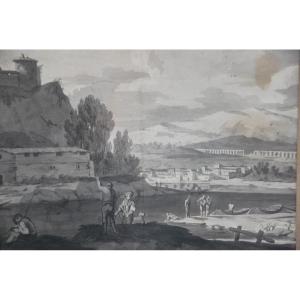 Lavis Drawing Landscape And Architecture Follower Of Joseph Vernet
