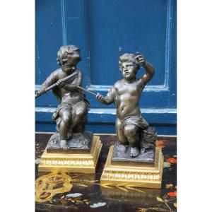 Clodion, Pair Of Child Musicians In Bronze Late XVIII