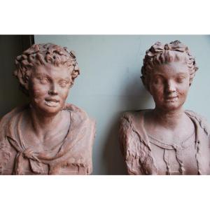 Pair Of Terracotta Busts From The Directoire Period And Its Sheaths