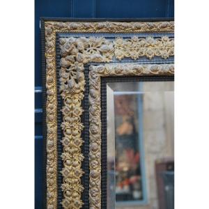 Large Louis XIV Style Mirror In Repoussé Brass