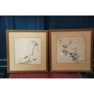 Deck, Pair Of Japanese Watercolors Flowers And Falcon