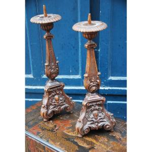 Pair Of Carved Wood Candlesticks From Louis XIV Period