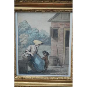 Watercolor And Wash From The Directoire Period Mother And Her Child