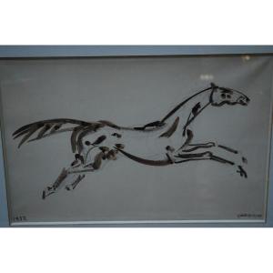 Drawing, Galloping Horse Signed By Cadorin