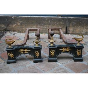 Pair Of Andirons In Black Bronze And Gold From The 19th Century