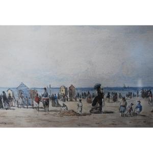 Ostende La Plage  Aquarelle De Eugène De Victor De Papeleu  XIX