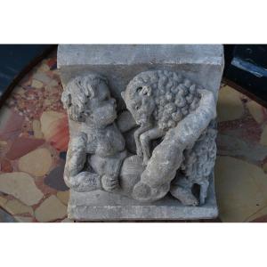 Haut Relief En Pierre , Putto Et Mouton XIX