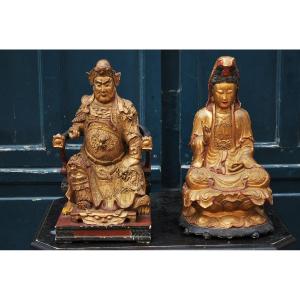 Pair Of Couple Of Dignitaries Gilded Wood China Late 19th