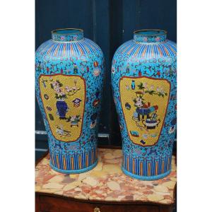 Pair Of Large Cloisonné Vases With Blue Background XX