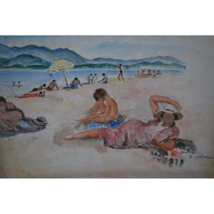 Henry Lebasque ,saint Tropez La Plage Aquarelle