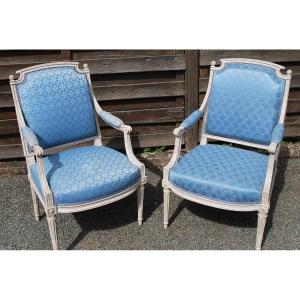 Pair Of Flat Back Armchairs Stamped By Dupain Louis XVI Period