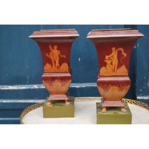 Pair Of Tin Vases From The 19th Century Restoration Period
