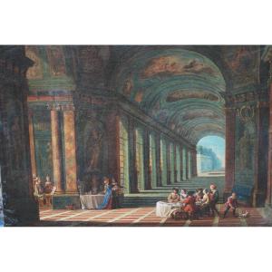 French School XVIII, Fantastic View Of Palace Colonnades With Characters