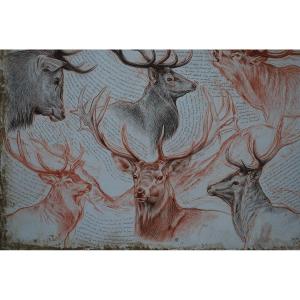 Large Mixed Technical Oil Hunting Deer Heads Signed By Marcello 
