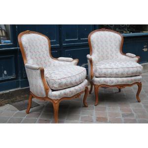 Pair Of Bergeres In Natural Wood From The Louis XV Period Stamped By Armand 