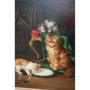 Cats By Brunet De Neuville, Oil On Canvas