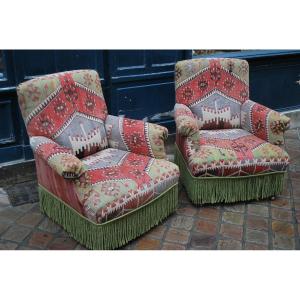 Pair Of Toad Armchairs Covered With Kilim