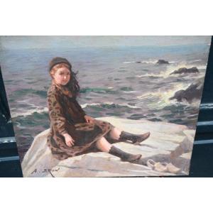 Alexandre Brun , Jeune Fille Devant La Mer Sur Des Rochers