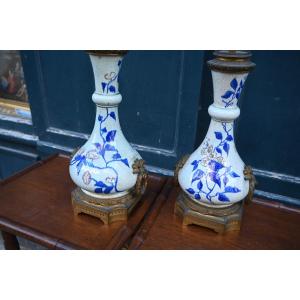 Paire De Lampes , Maison Gagneauen Faience à Décor Japonisant , Napoléon III
