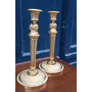 Pair Of Bronze Candlesticks With Women's Heads From The Empire Period, Attributed To Galle