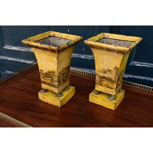 Pair Of Sheet Metal Planters Decorated With Views Of Italy, Empire Period