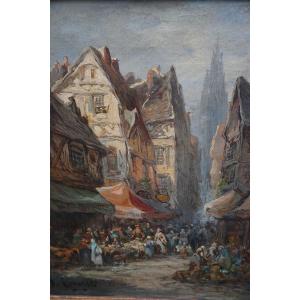 Scène  de marché à Caen , toile fin XIX