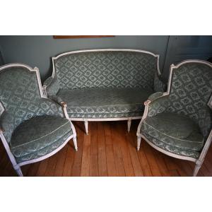 Living Room, Pair Of Armchairs Stamped By Jean, And Louis XVI Period Sofa