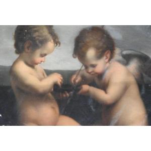 Huile sur toile XIX  Deux amours 