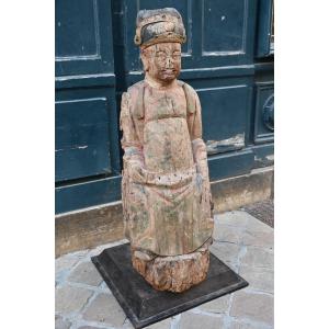 Large Wooden Statue Representing A Dignitary, China 18th Century