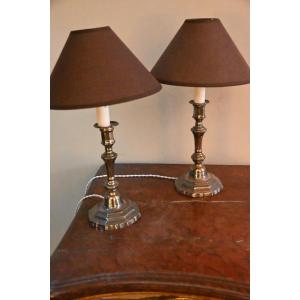 Pair Of Louis XIV Style Silver-plated Metal Candlesticks, Mounted As Lamps