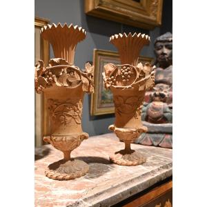 Pair Of Finely Carved Wooden Vases, 19th Century