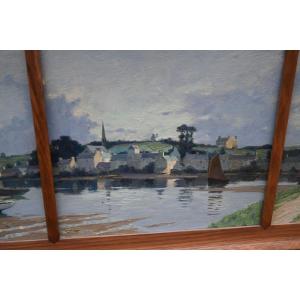 Bretagne , paysage de rivière et village par Henry Maurice Cahours 