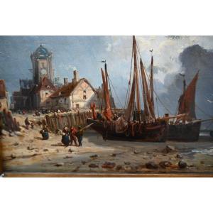 Etretat , panneau de bois représentant Etretat et ses caîques XIX