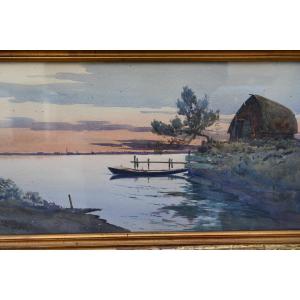 Camargue , aquarelle avec soleil couchant sur étang