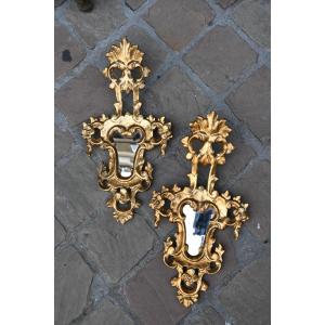 Pair Of Small Italian Gilded Wood Mirrors In The Baroque Style