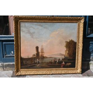 Adrien Manglard , Large Oil On Canvas 18th Century Mediterranean Harbour Landscape